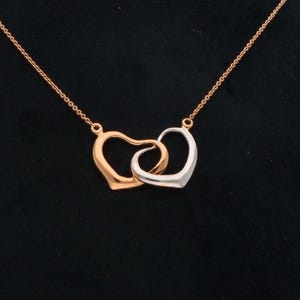 14K Gold Heart Necklace, Interlocking Heart Symbol of Love Necklace, Heart Shaped Pendant, Handmade Dainty Pave Double Heart Pendant,