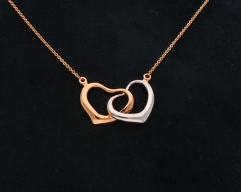 Heart Necklace, Interlocking Heart Symbol of Love Necklace, Dainty Linked Heart Necklace, Handmade Dainty Pave Double Heart Pendant