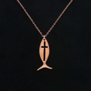 14K Solid Gold Jesus Fish Cross Necklace, Christian Fish Charm, Cross Pendant Necklace,  Ichthys Necklace, 14K Faith Jewelry, Gift for Her