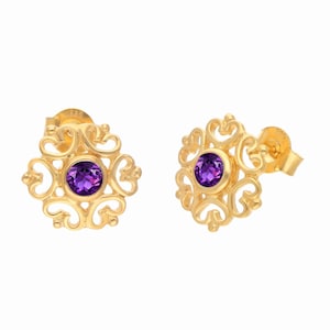 Vintage Amethyst Stud Earrings For Women Antique Filigree Stud Earrings Art Deco Wedding Stud Earrings 14k Gold Amethyst Handmade Earrings