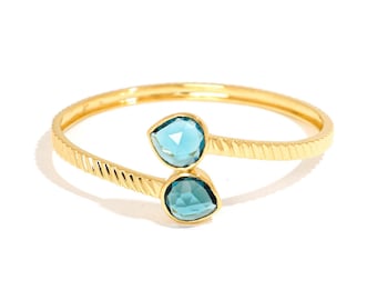 14K Seeblue Hydro Teardrop Bezel Bracelet, 925 Silver Gold Open Cuff Bangle, Flexible Bangle, December Birthstone Birthday Gift For Women