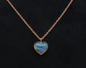 Colgante de labradorita con engaste en bisel para mujer, collar vintage de labradorita en forma de corazón, colgante de boda de labradorita en plata 925, colgante de oro de 14 quilates.