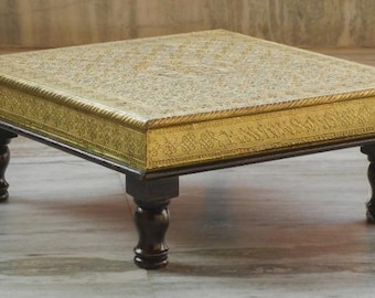 Handcrafted Brass Coated Wooden Bajot, Rajasthani Pooja Chowki Table, Indian Wedding Altar Stand