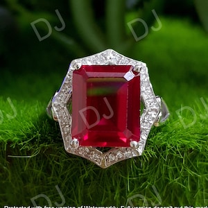 Elongated Emerald Cut Red Ruby Engagement Ring/Emerald Ruby/Halo Promise Ring/Anniversary Gift/Ring
