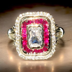 Red Ruby Ring Emerald Cut Simulated Ruby & Diamond Halo Anniversary Wedding Engagement Ring 14K White Gold Finish 925 Silver Engagement Ring