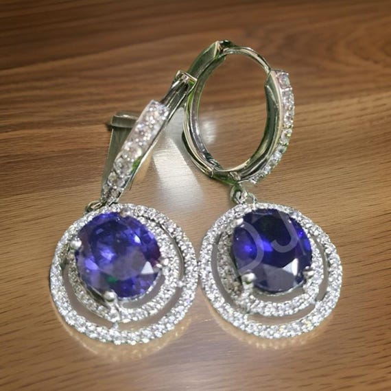 Sapphire Dangle Drop Earrings: Simulated Blue Sapphire, 14K White
