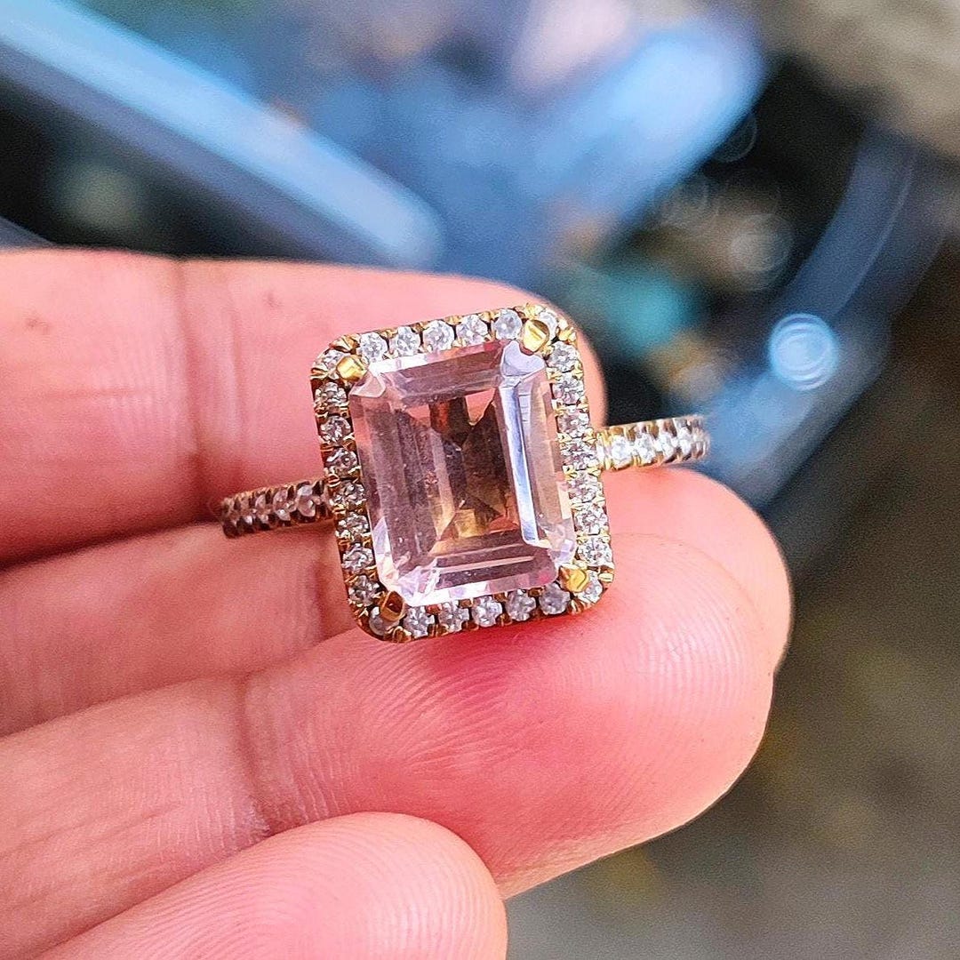 Simulated Morganite Emerald Cut Halo Engagement Ring 14K Yellow Gold ...