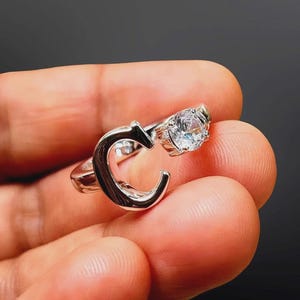Moissanite Initial Ring: Round Letter C, 14K White Gold Over Sterling Silver