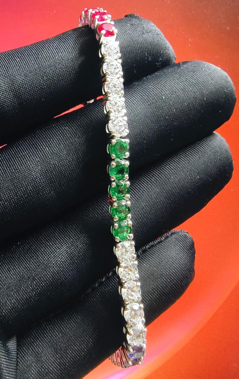 マルチカラーストーン テニスブレスレット、14Kホワイトゴールドメッキ