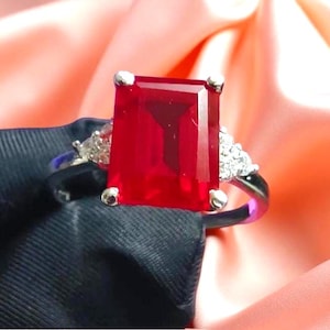 Emerald Cut Solitaire Prong Setting Ring Simulated Red Ruby Diamond Ring 14K White Gold Plated 925 Silver Anniversary Ring Gift For Birthday
