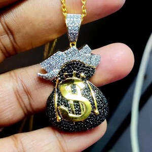 Ciondolo a forma di borsa porta soldi in onice nero naturale, taglio rotondo, in argento sterling 925 placcato oro giallo 14 carati, ciondolo hip hop, regalo per feste.