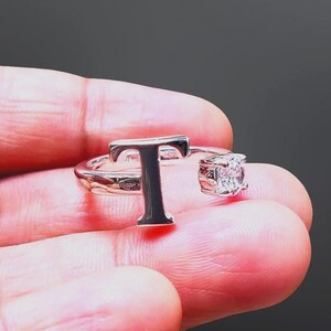 Moissanite Initial Ring: Round Letter T, 14K White Gold Finish