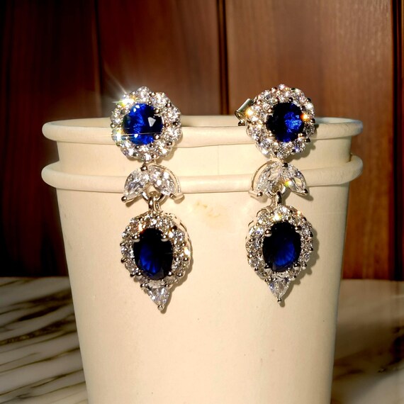Sapphire Earrings Oval Simulated Blue Sapphire Diamond Drop Dangle  Earring 14K White Gold Plated 925 Sterling Silver Drop Dangle Earrings