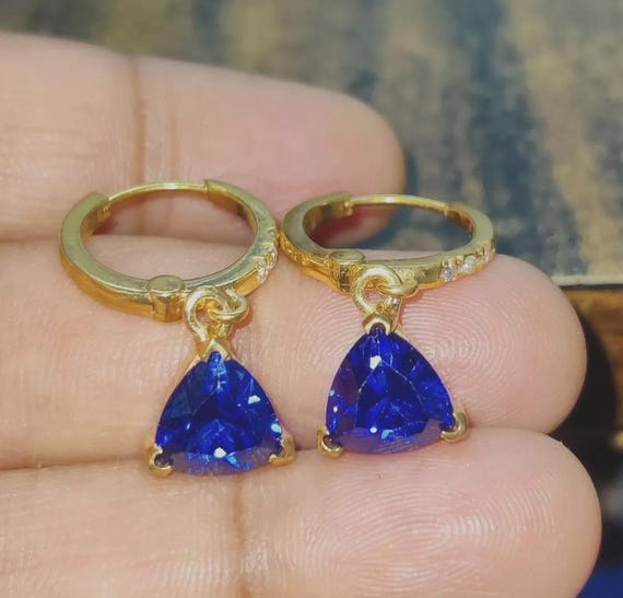 Sapphire Drop Dangle Earrings Trillion Cut Simulated Blue Sapphire