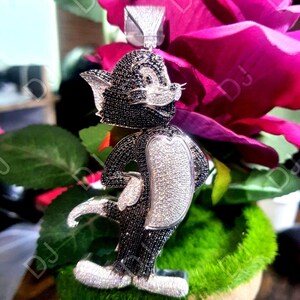4Ct Round Cut Black & White VVS1/D Diamond Cartoon Tom Pendant 14K White Gold Finish Anniversary, Wedding, Birthday Gift