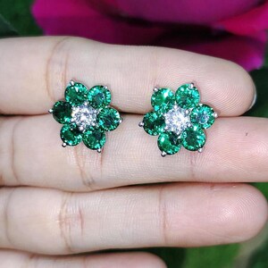 Emerald Stud Earrings Round Lab-Created Green Emerald Flower Stud Earrings 14K White Gold Finish 925 Silver Emerald Diamond Flower Stud