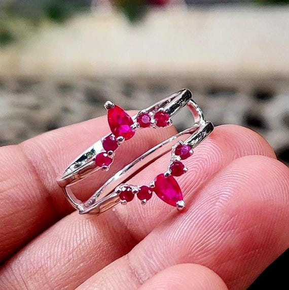 Red Ruby Ring Pear Cut Simulated Red Ruby Enhancer Guard Ring 14K
