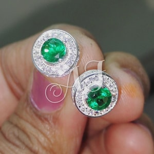 Round  Cut Green Emerald Diamond 14K White Gold Finish Flower Cluster Stud Earrings Gift For her ,Birthday Gift, Special Gift