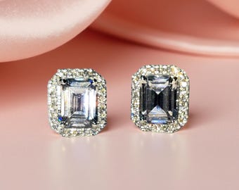 エメラルドカット 模造ダイヤモンド スタッドピアス、14Kホワイト