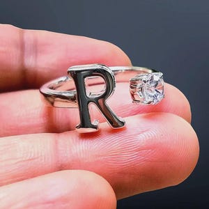 Moissanite Initial Ring: Round Letter R, 14K White Gold Finish