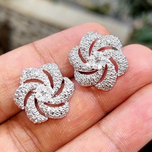 Moissanite Cluster Stud Earrings Round Cut Natural Tester Pass Moissanite Earrings 14K White Gold Finish Silver Flower Cluster Stud Earrings