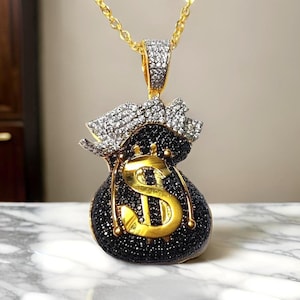 Ciondolo a forma di sacco porta soldi, in spinello nero naturale a taglio rotondo, in argento sterling placcato oro giallo 14 carati, ciondolo hip hop, ciondolo a forma di sacco porta soldi, regalo per feste
