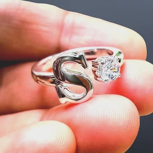 Moissanite Initial Ring: Round Letter S, 14K White Gold Finish