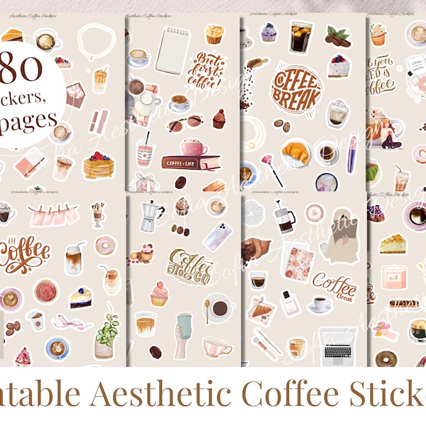 Printable Aesthetic Coffee Stickers Pack, Feminine Pink Coffee Themed Stickers Bundle Set, Neutral Coffee Sheet For Planner Journal Set PDF