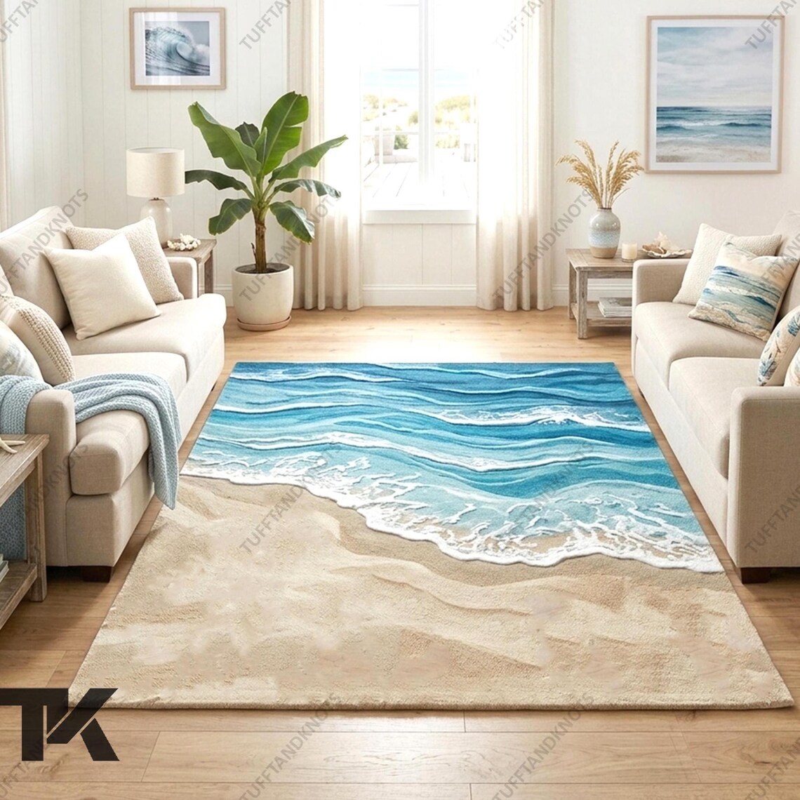 Ocean Shore Waves Area Rug Coastal Beach Sand and Blue Water Pattern ...