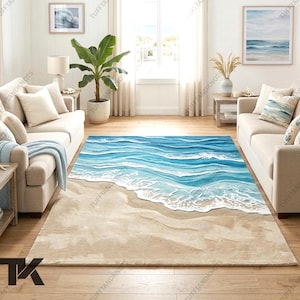 Ocean Shore Waves Area Rug Coastal Beach Sand and Blue Water Pattern Soft Modern Living Room Carpet Décor Style Accent