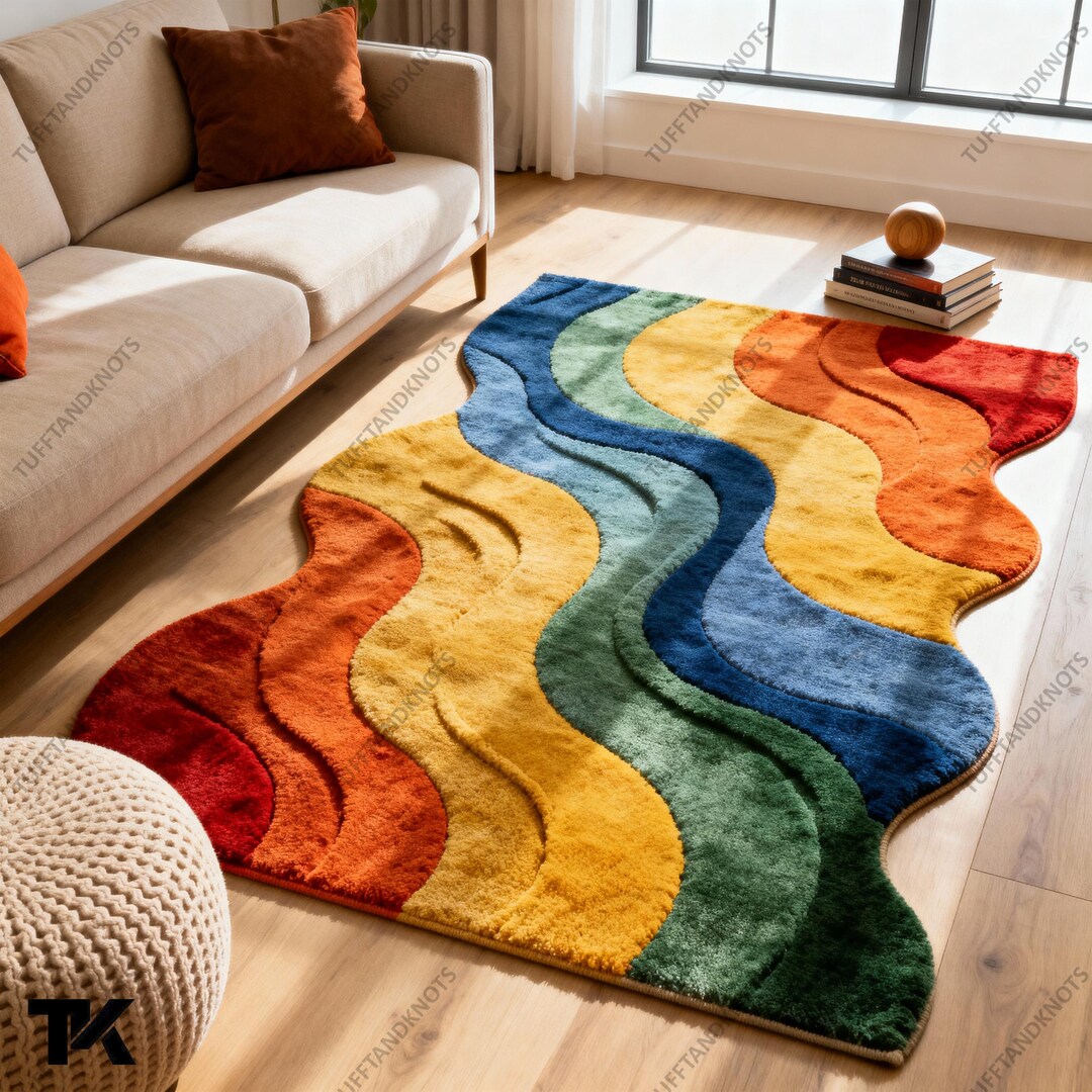 Rainbow Wool Rug: Abstract Wavy Design, Contemporary Home Decor - Etsy