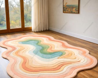 Abstract Wavy Wool Area Rug, Pastel Layers, Organic Shape