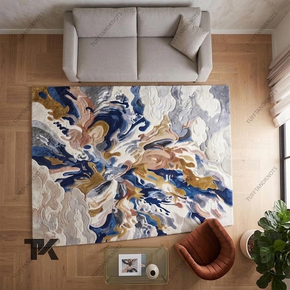 Abstract Ocean Wave Rug, Blue Beige Gold Area Rug, Modern Artistic Wool Carpet, Luxury Living Room Décor, Unique Statement Floor Art