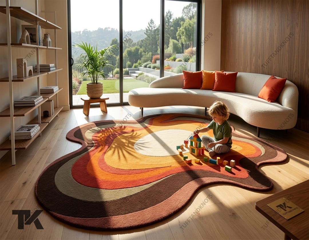 Abstract Sunshine Rug Abstract Molten Sunburst Rug With Warm Earthy Tones, Fluid Organic ...