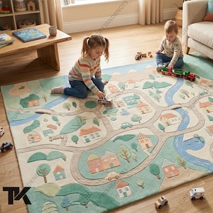 Kids Town Adventure Road Map Rug with Rivers Houses Trees Cars Playful Pastel Nursery Playroom Soft Educational Area Carpet