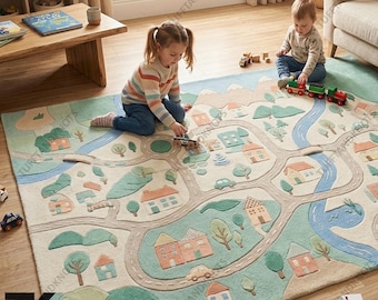 Kids Town Adventure Road Map Rug with Rivers Houses Trees Cars Playful Pastel Nursery Playroom Soft Educational Area Carpet