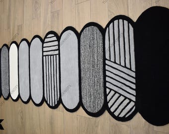 Piano Keys Hand Tufted Wool Rug for Living Area Bedroom Decor Black and Grey Irregular Unique Rug for Home and Kids Room