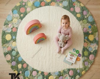 May include: A round, cream-colored rug with a green border featuring colorful polka dots. Two wooden rainbow toys and a plush elephant toy are on the rug. A baby is sitting on the rug, holding the elephant toy. A book and colorful rings are also on the rug.