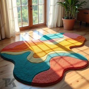Irregular shape Multi Color Rug Handmade Woolen Rug for Living Area Bedroom Décor Multi Unique Rug for Home and Kids Room,