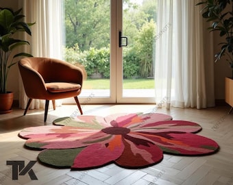 Floral Wool Rug: Pink, Green, Earth Tones, Modern Decor