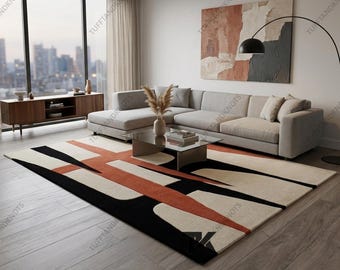 Alfombra geométrica abstracta: beige, óxido y negra, contemporánea para sala de estar.