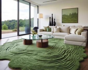 Green Abstract Wavy Area Rug - Modern Irregular Shaped Carpet - Living Room Bedroom Décor - Unique Floor Rug
