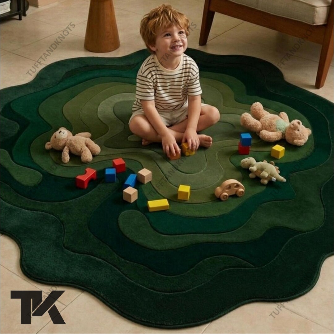 Rcc Rugs Modern Abstract Green Contour Rug Design With Organic Waves, Layered ...