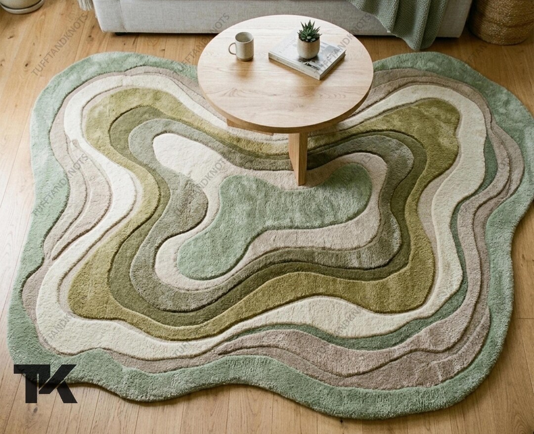 Abstract Green Contour Layered Modern Area Rug Organic Shape Tufted ...