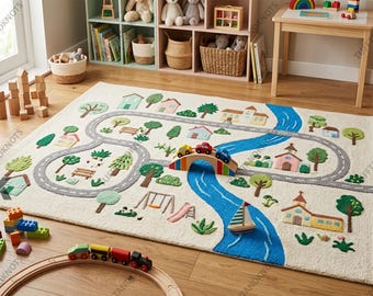 Kids Play Rug with Roads, Town Scene, River Design, Educational Playmat for Toddlers Bedroom Nursery Decor,