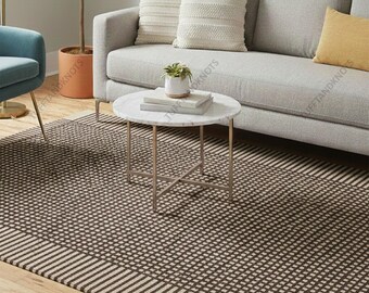 Moderner Geometrischer Handgewebter Teppich in Rostorange und Elfenbein, Zeitgenössischer Gittermuster Teppich für Wohnzimmer Dekor