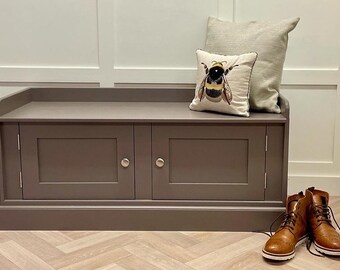 4ft Shoe Storage Bench Seat in Shaker Style With 2 Doors, Painted in Colour of Your Choice. Narrow or Standard Depth Option.