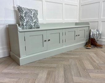 5ft Shoe Storage Bench Seat in Shaker Style With 4 Doors, Painted in Colour of Your Choice. Narrow or Standard Depth Option.