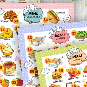 Menú de juego de simulación con precio, menú de restaurante para niños imprimible, descarga instantánea, menús de desayuno, almuerzo, cena, refrigerios, bebidas y postres