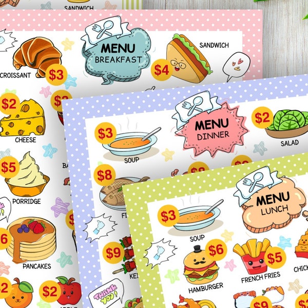 Pretend Play Menu with price, Kids Restaurant Menu Printable, Instant Download, Breakfast, Lunch, Dinner, Snacks, Beverages, Desserts Menus